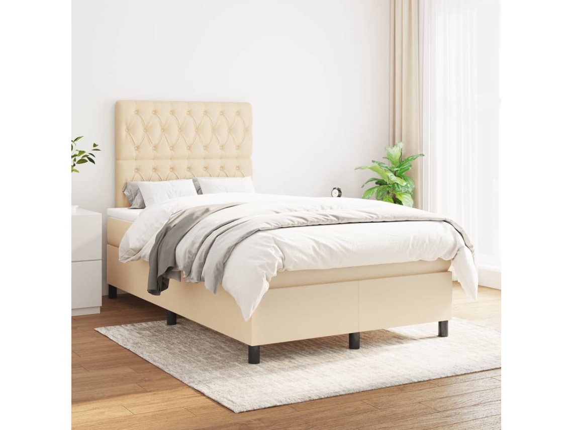 Cama Box Spring Con Colchón Tela Color Crema 120x200 Cm