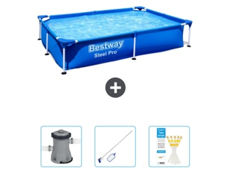 Piscina BESTWAY Rectangular Steel Pro - 221 x 150 x 43 cm - Azul - Incluida Bomba - kit de limpieza - Tiras de prueba