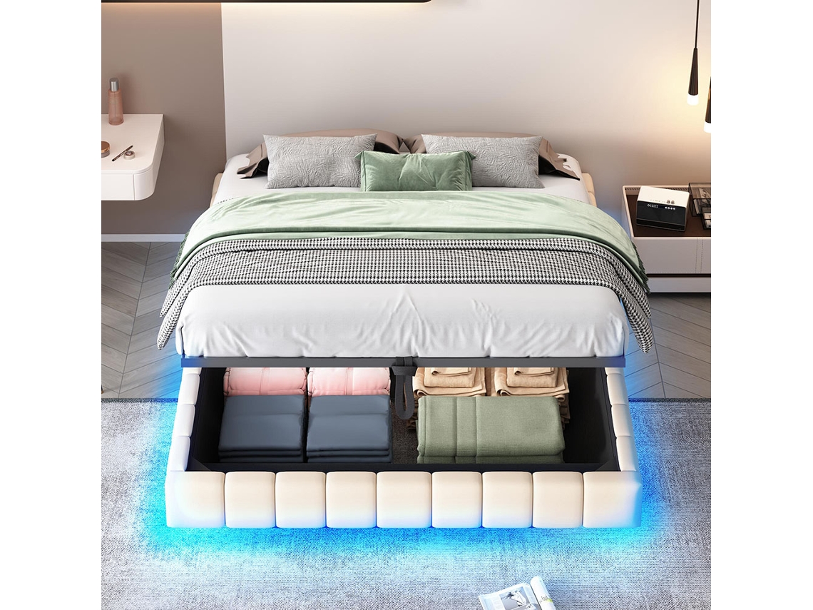 Cama tapizada de 160 x 200 cm, estructura flotante hidráulica, sin cabecero, color beige