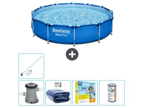Piscina BESTWAY Round Steel Pro - 305 x 76 cm - Azul - Bomba incluida Vela solar - Paquete de mantenimiento - Filtrar - kit de limpieza