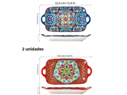 Plato rectangular de cerámica estilo bohemio (uno rojo y uno azul), con forma de pez, 32,5 cm de diámetro, apto para calentar.