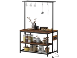Estante de Cozinha com Tomada de Corrente Estilo Industrial com Prateleiras Ganchos Móvel Auxiliar 116x70x182 Cm Marrom Rústico ZENCORE SERVICES