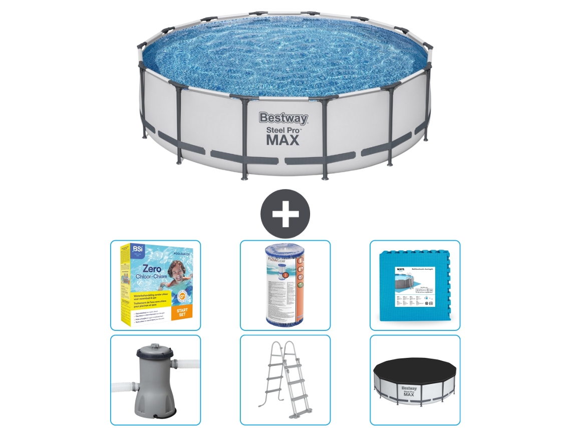 Piscina BESTWAY Round Steel Pro MAX - 427 x 107 cm - Gris - Bomba incluida - Escalera - Cobertor Paquete de mantenimiento - Filtrar - Baldosas