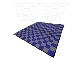 Lámparas de techo de polipropileno con bordes grises (x120) y azules (x120). Lámpara de techo LED hexagonal (x2 unidades). Monstershop (240 unidades).