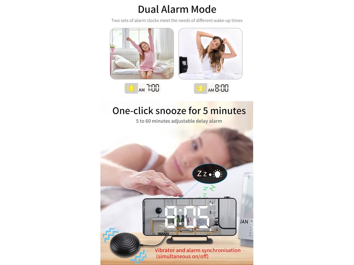 Reloj despertador vibratorio Baok con proyección de espejo LED, función de repetición y vibrador para personas con sueño profundo.