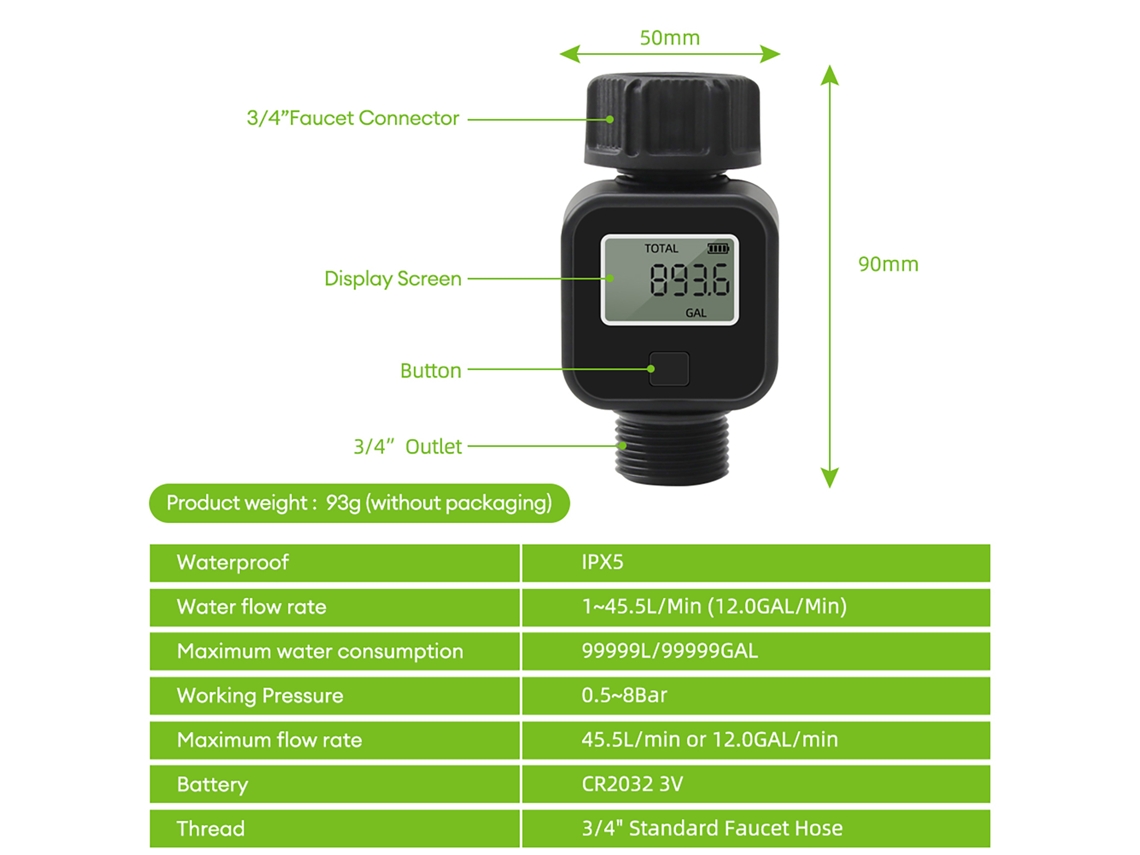 Medidor Digital De Caudal De Agua Para Jardín Ipx5, Contador De Consumo, Caudal, Rosca De 3/4", Abs