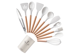 Conjunto de Utensílios de Cozinha 12 Peças Conjunto de Panelas Resistentes Ao Calor de Silicone com Cabo de Madeira-Branco GERTIZ