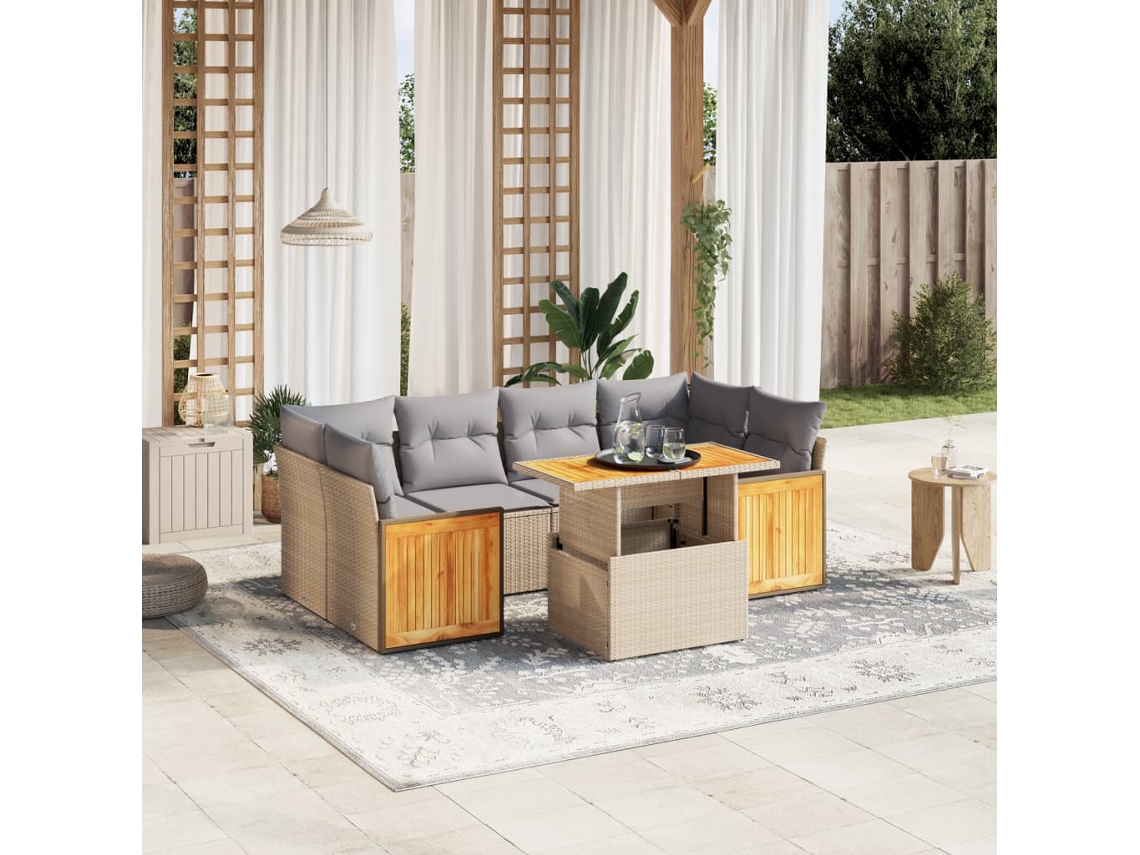 Conjunto de sofá de jardín de 7 piezas con cojines, mimbre sintético beige, Dkd Home Decor