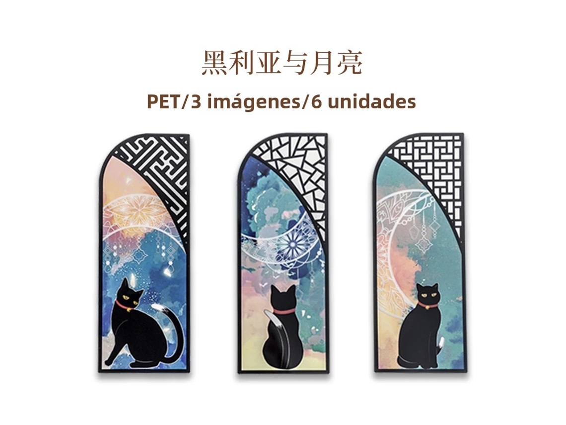 Juego de 6 marcapáginas de gato negro, PVC mate, papelería retro Mdug (estilo D)