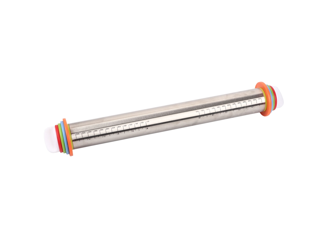 Rodillo de acero inoxidable con grosor y escala ajustables para uso en cocina y panadería.