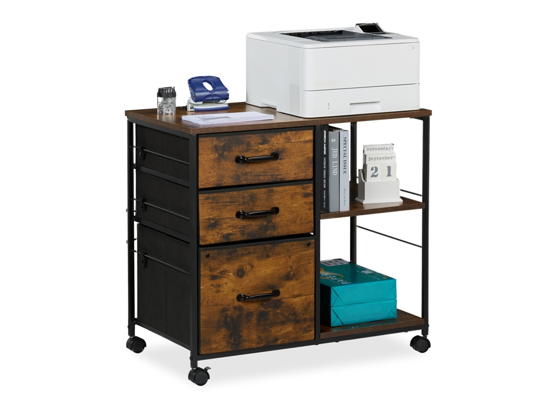Relaxdays Mueble Impresora, Cajonera Oficina Con Ruedas, 3 Cajones, Archivador Colgante, 68 X 75 X 40 Cm, Marrón Y Negro