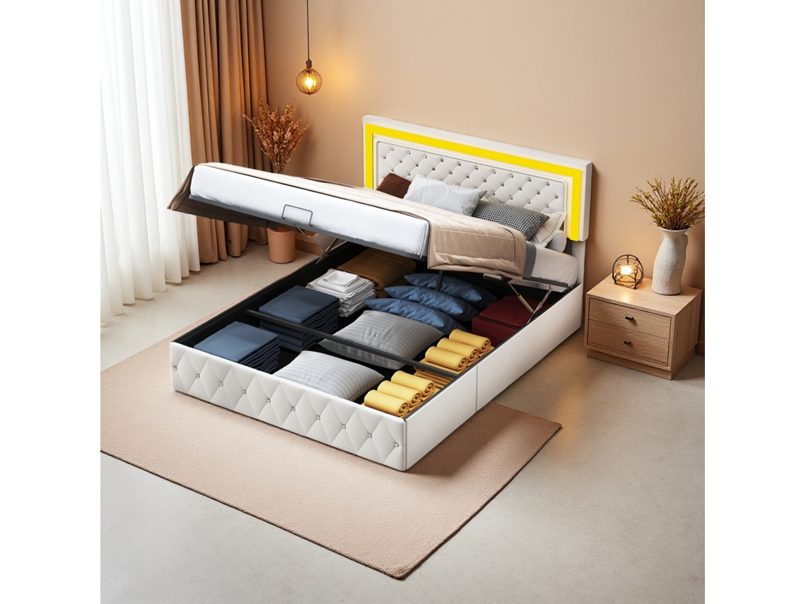 Cama De Matrimonio 160x200 Cm, Tapizada Con Iluminación Led Y Función Almacenaje, Para Adolescentes Y Adultos, Terciopelo Beige