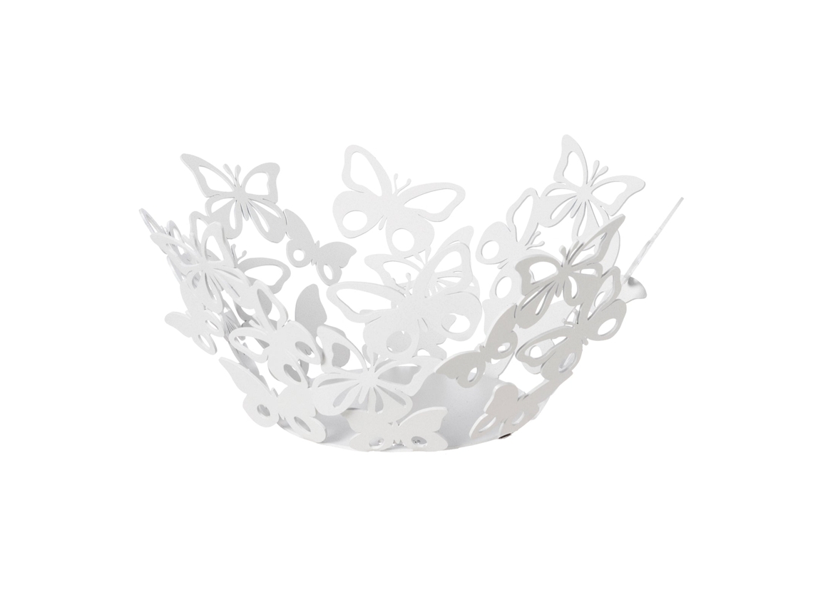 Centro de mesa Farfalloso pequeño de Ø31 cm en mármol, hierro perforado blanco, diseño moderno con mariposas, elegante decoración de mesa, fabricado en Italia.