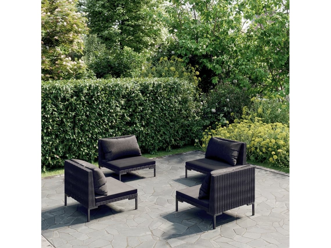 Conjunto 4 Peças Lounge Jardim C/ Almofadões Vime Pe Cinza Escuro Dkd Home Decor