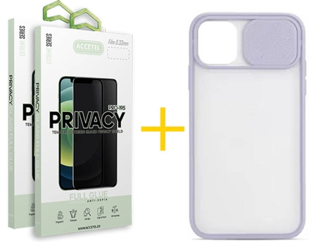 Kit Carcasa y Protector Cristal 2X Privacy Iphone 11 Accetel Protection Cámara Lila