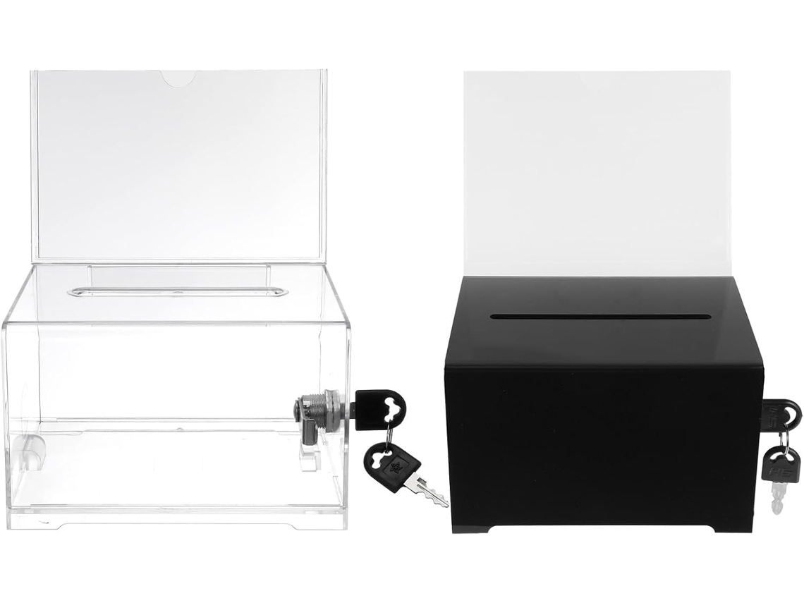 Juego de 2 cajas para sorteos con ranura y cerradura, para recoger sugerencias y comentarios.