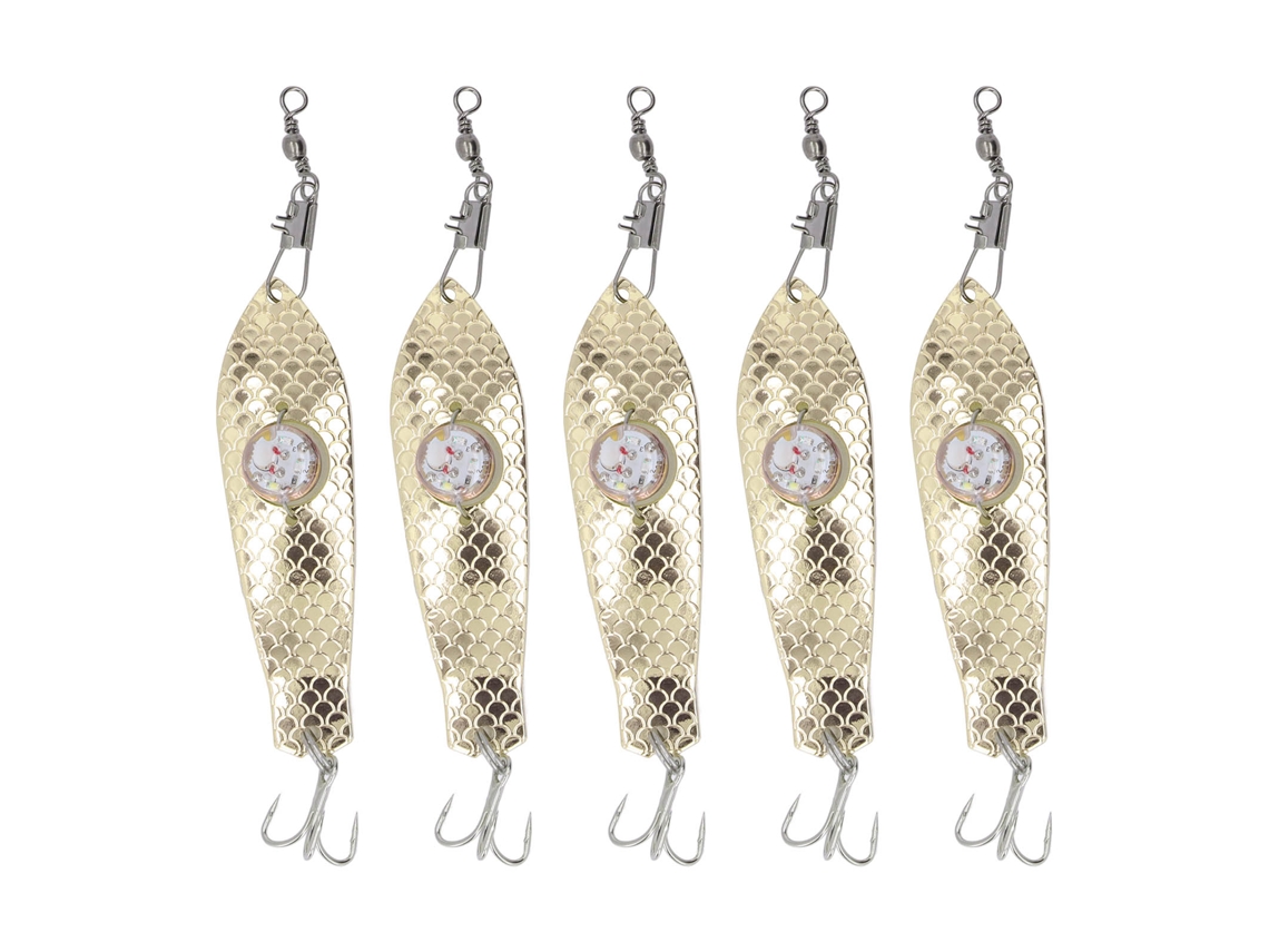 Señuelos de pesca LED de acero inoxidable dorados, 5 unidades