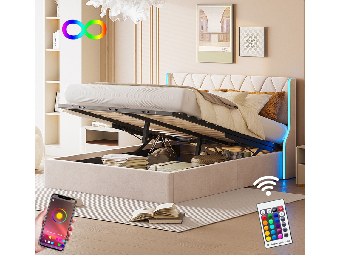 Cama Tapizada De 140x200 Cm, Cama Doble, Colchón De Aire, Con Compartimento De Almacenaje, Led Con Control Por Aplicación, Tela De Terciopelo - Beige