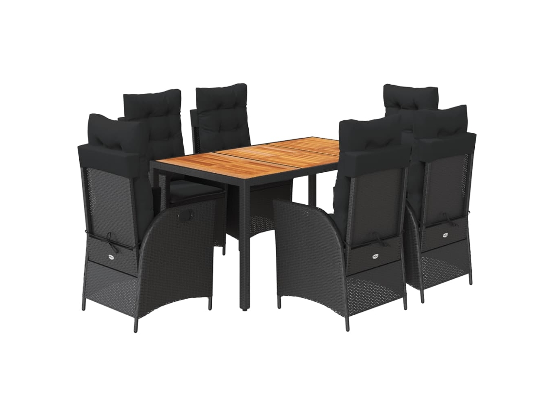 Juego de 7 piezas de comedor de jardín con cojines de mimbre, color negro, EXCLUSIVA DE LA CASA