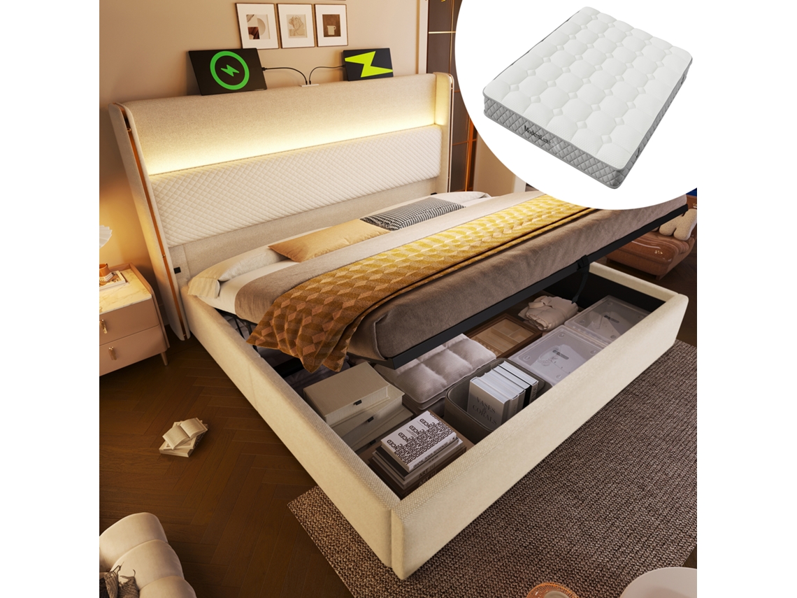 Cama Beige (140x200 Cm) Con Iluminación Led, Cable Usb-c Y Compartimento De Almacenamiento.