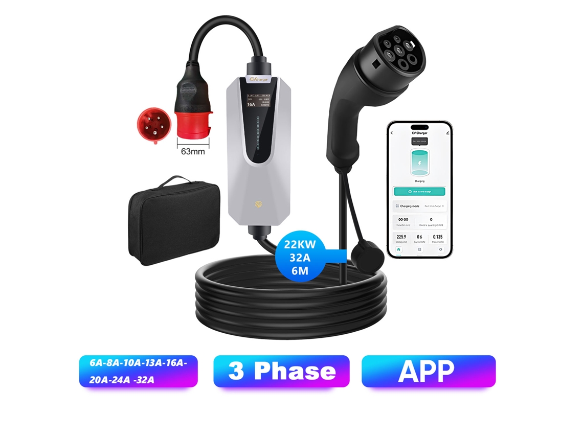Cargador De Vehículo Eléctrico Móvil Trifásico Hexinex De 22 Kw, 32 A Y 6 M, Ip65, Con Control Bluetooth