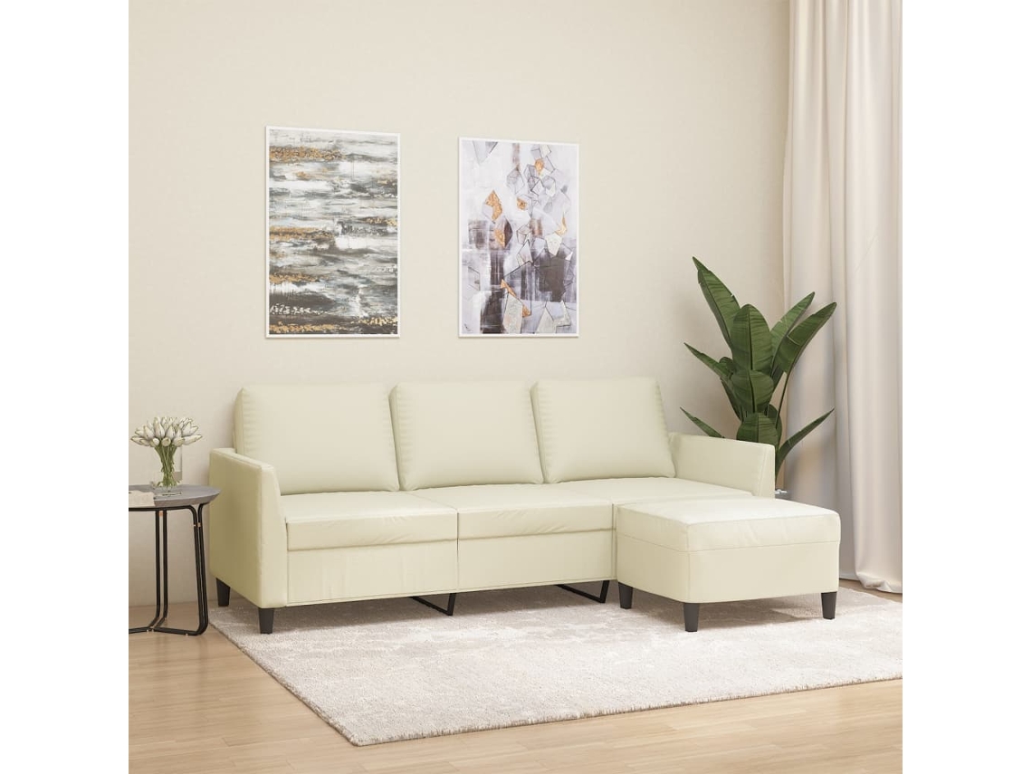 Sofá De 3 Plazas Con Taburete Cuero Sintético Crema 180 Cm