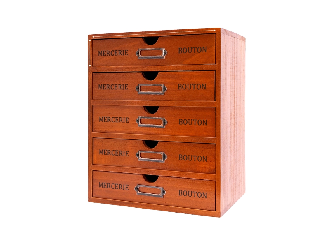 Organizador de escritorio de madera con 5 cajones, color marrón.