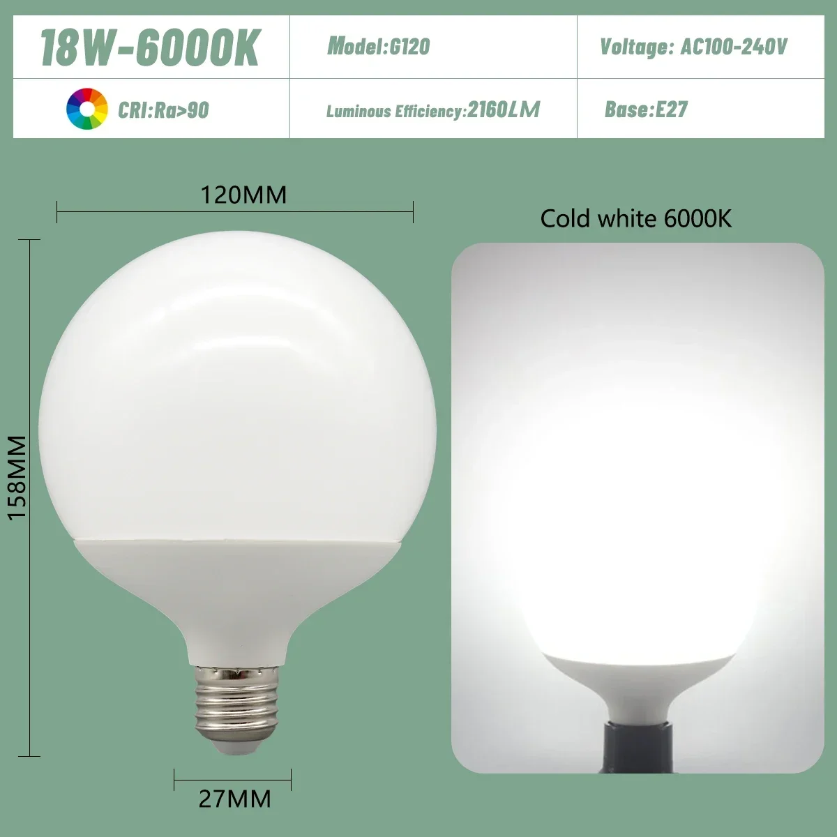 Bombillas Led E27 (18w 6000k, 6 Unidades), De Bajo Consumo, Universales, Tipo Ampolla, Para Tocador.