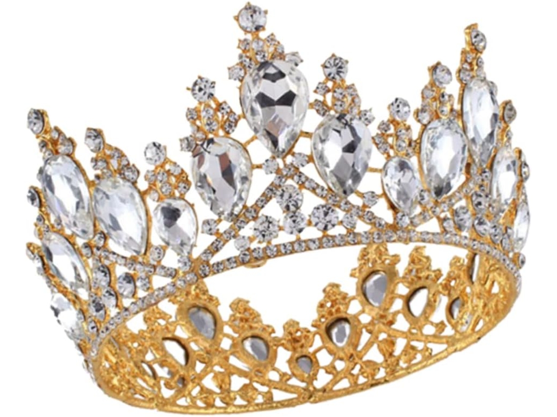 Tiara Elegante Com Coroa Redonda Dourada E Branca, Acessório Ideal Para Casamentos, Festas E Eventos Especiais.