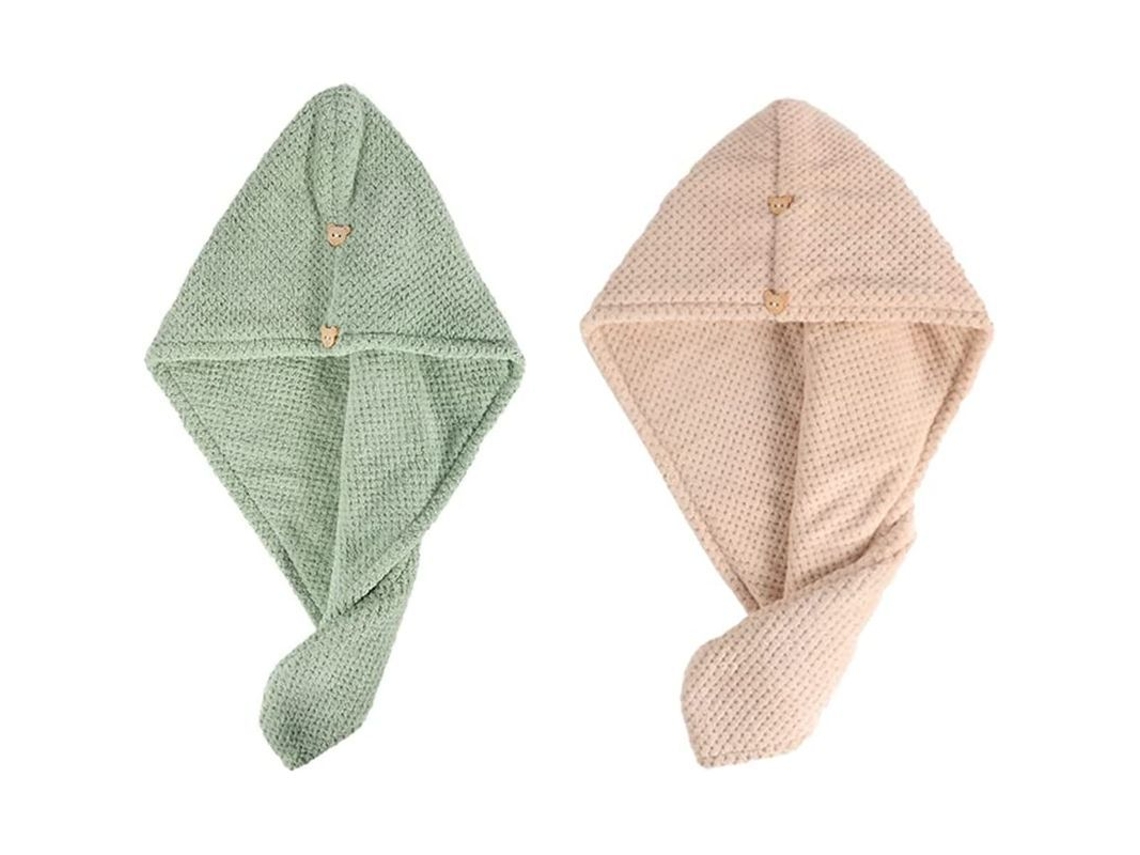 Toalla De Microfibra Gruesa Para El Cabello Con Botón Para Secarlo Y Gorro Color Crema (verde Aguacate Y Marrón Claro).
