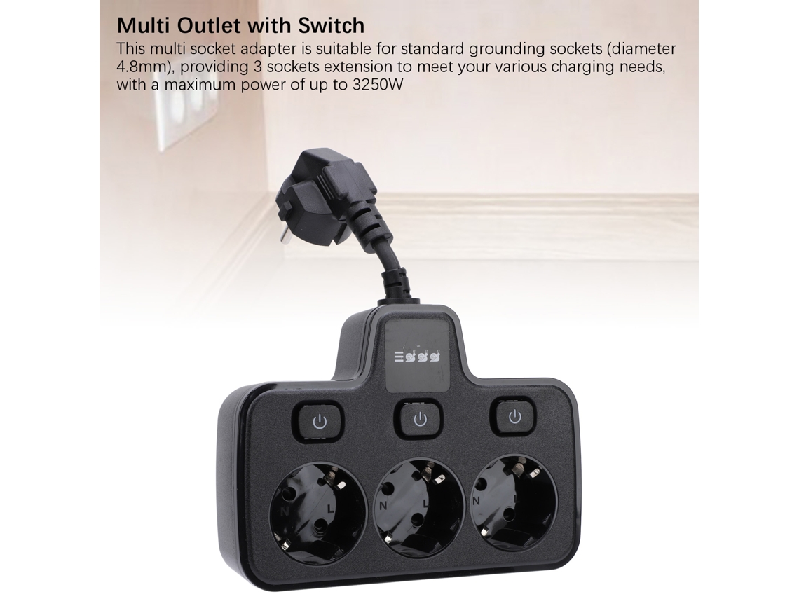 Enchufe Múltiple Con Interruptor De 3 Vías, Adaptador De Enchufe De 2 Pines, Extensor De Enchufe, Negro