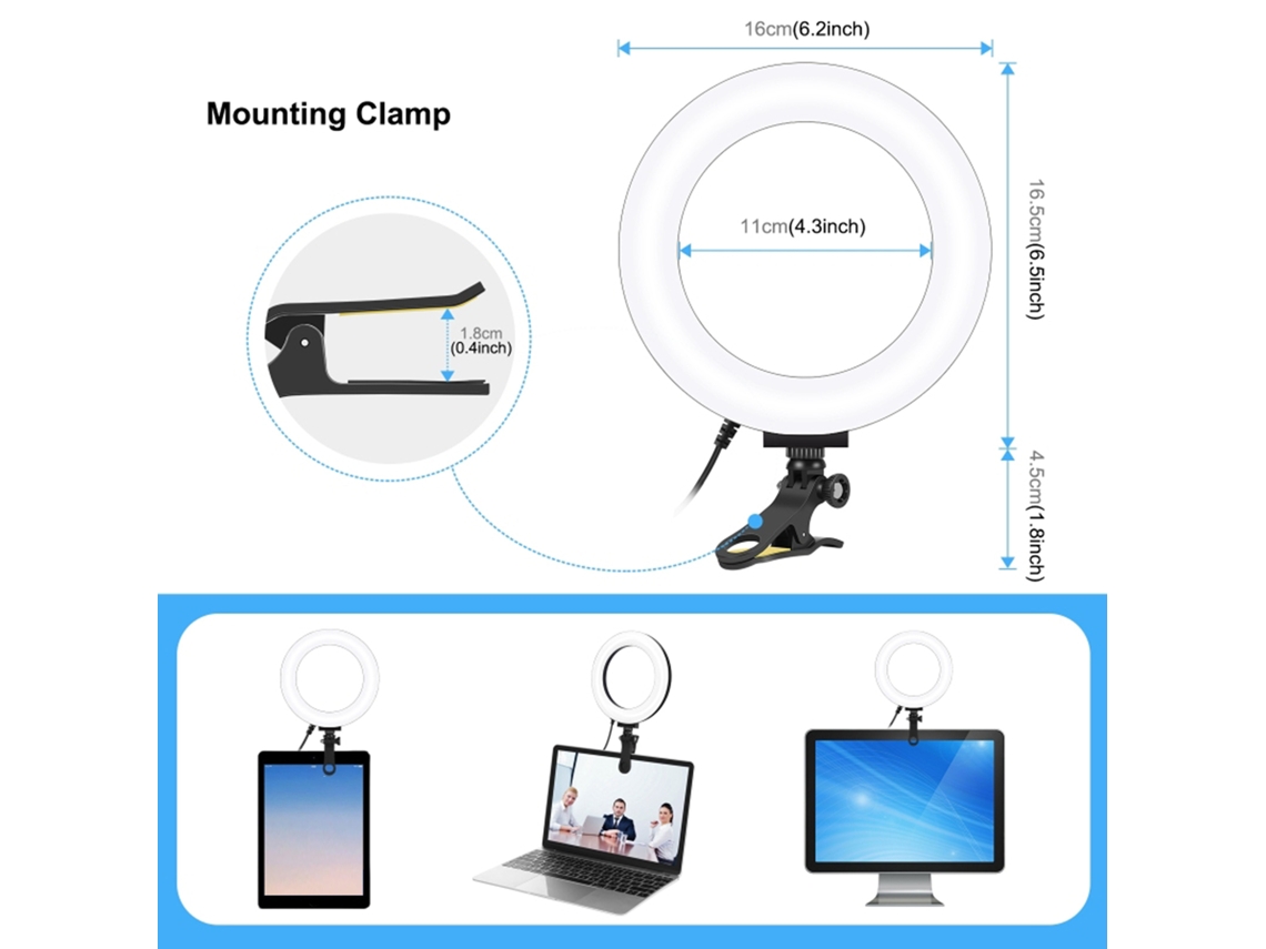 Luz Anular Usb Curva 3 Temperaturas 10 Niveles Brillo Rotación 180° Soporte Clip Para Live Video Y Laptop