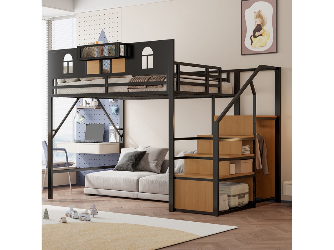 Cama Alta Metálica De 140x200 Con Escalera De Almacenamiento Y Barandilla Alta.