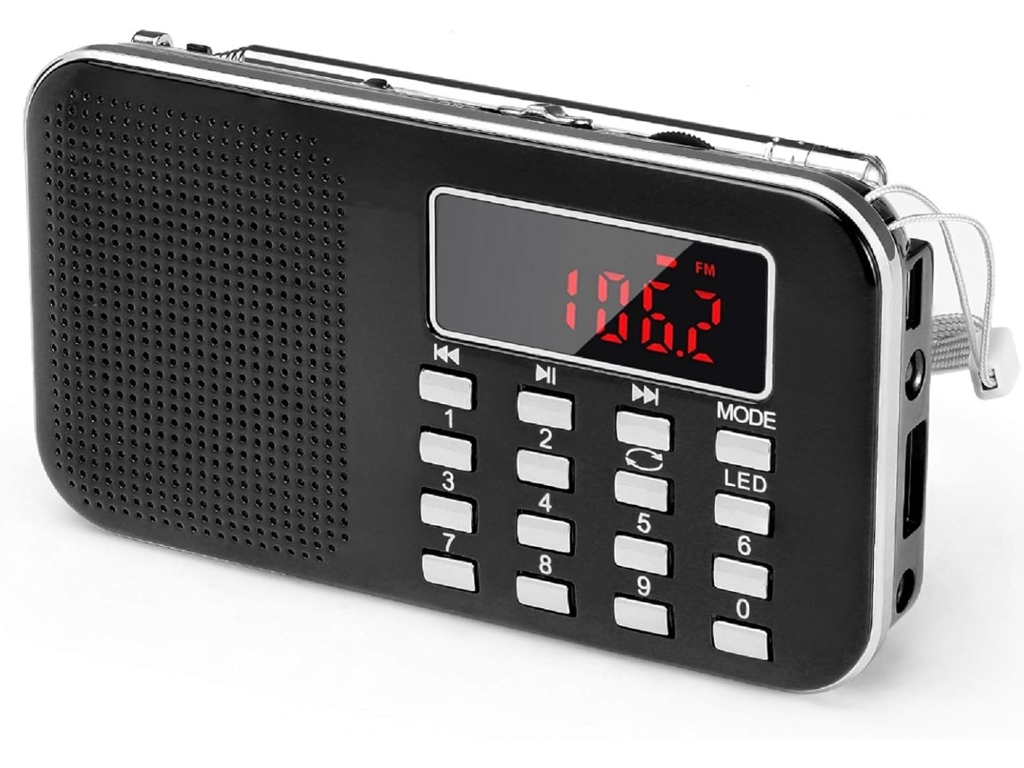 Mini radio portátil con FM, LED y soporte para Micro SD/USB, batería recargable de 600 mAh