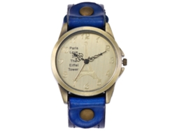 Reloj De Cuarzo Con Correa De Cuero Pu Redondo Estilo Retro Punk Torre Eiffel Azul