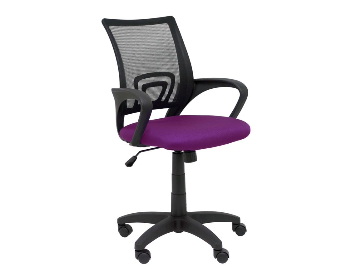 Silla de oficina Vianos con mecanismo de inclinación, tapizada en tela morada y malla negra.