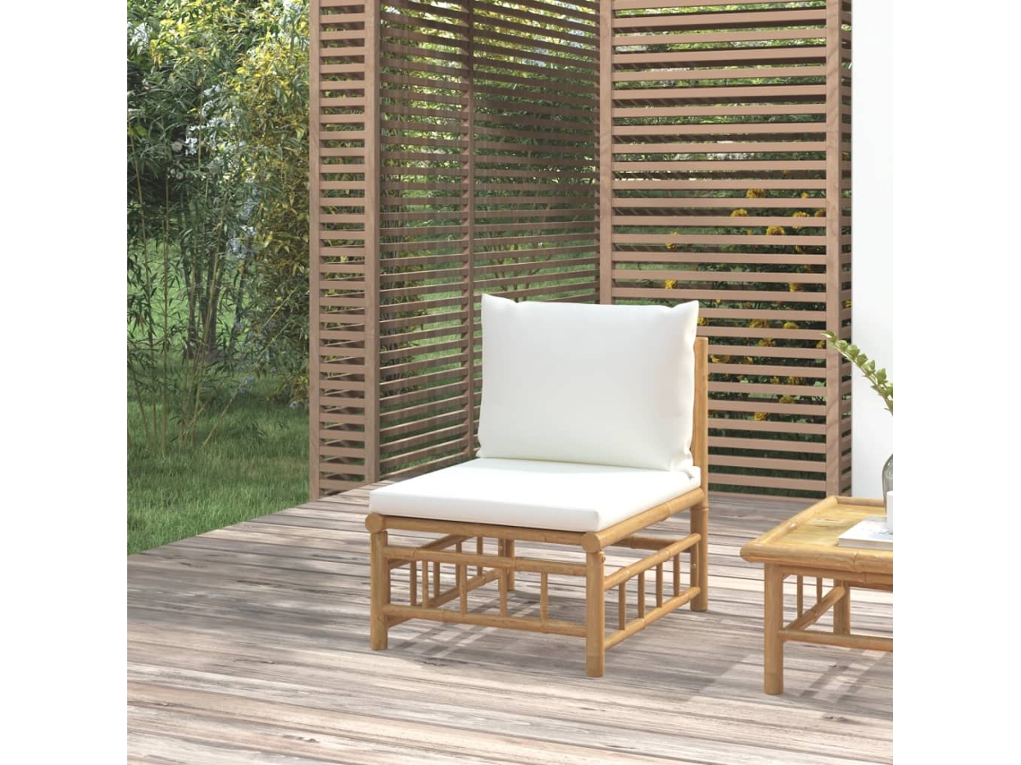 Sofá de jardín de bambú con cojines en blanco crema, Dkd Home Decor