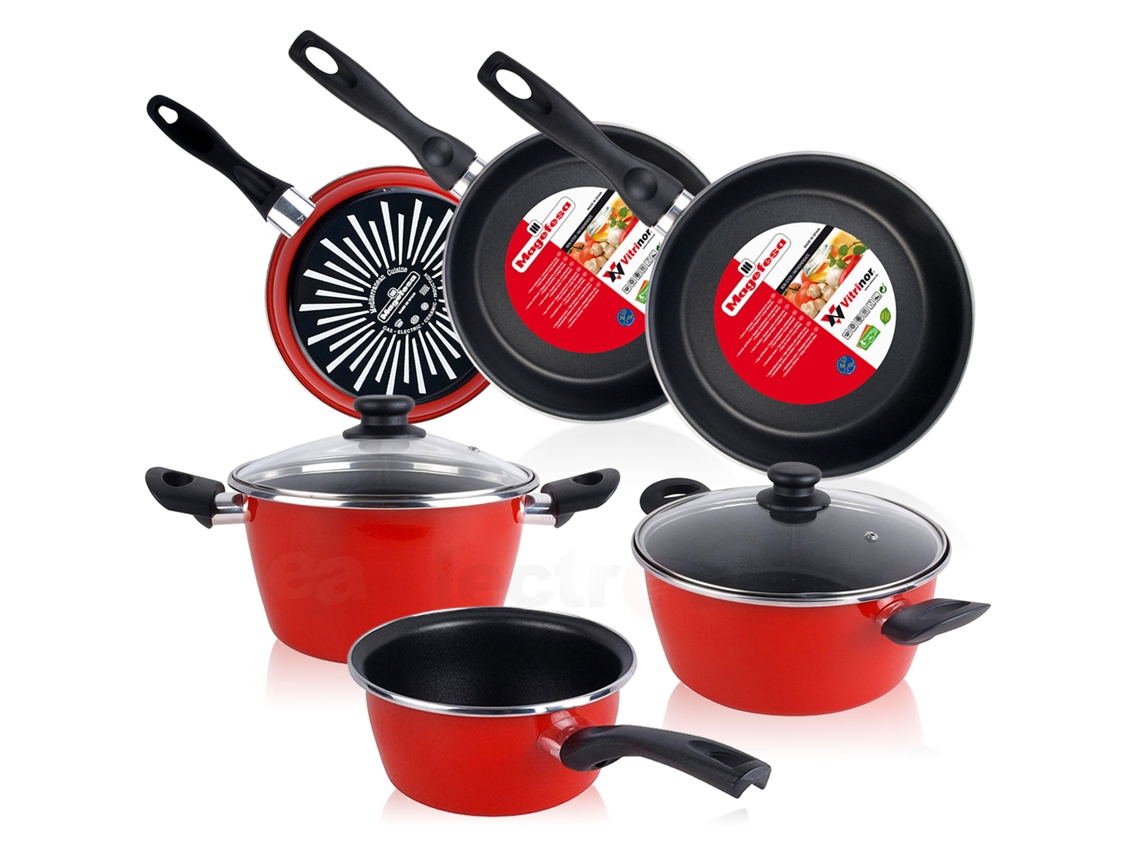 Bateria De Cocina 5 Piezas + Set Juego 3 Sartenes 18-20-24cm, Acero Vitrificado 820ºc, Libre Pfoa Magefesa Grana Rojo