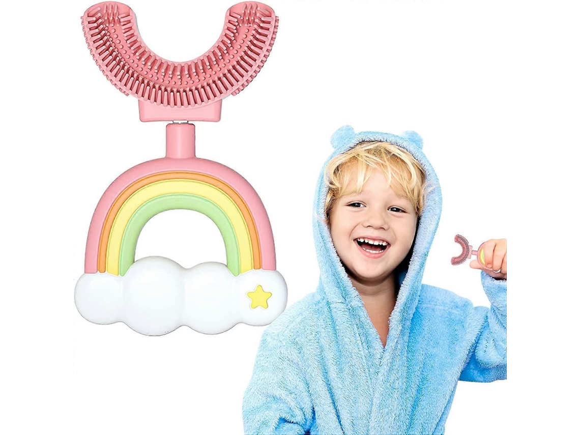 Cepillo de dientes en forma de U para niños, limpieza bucal de 360° con cabezal de silicona suave GOKOCO (de 2 a 6 años, rosa)