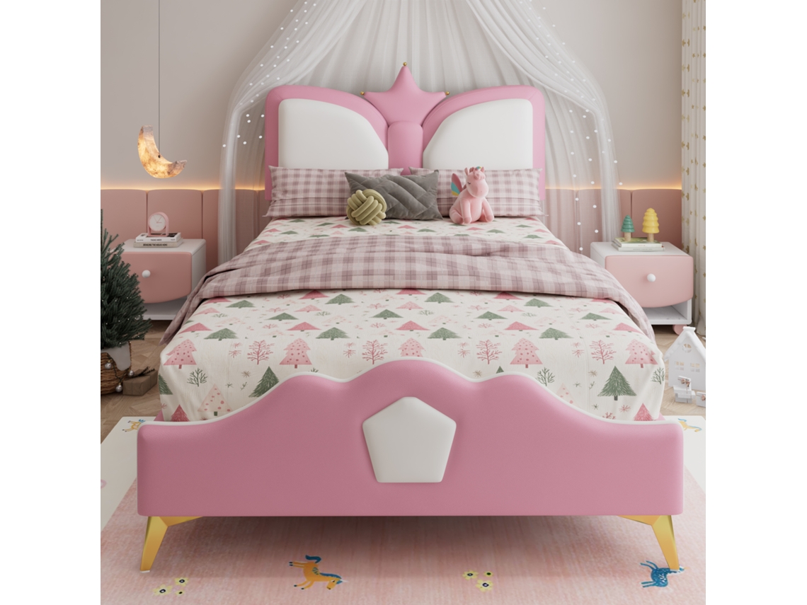 Cama Infantil De 90x200 Cm, Cabecero Con Espuma De Poliuretano Anticolisión, Diseño Decorativo En Rosa Y Blanco.