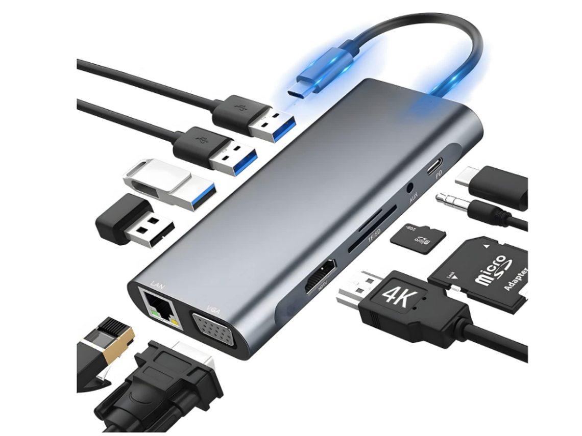 Estación de acoplamiento USB-C 11 en 1, HDMI con HDMI 4K, Ethernet RJ45, VGA, puerto USB, fuente de alimentación de 100 W, entrada auxiliar, lector de tarjetas SD/TF Yizhood (gris)
