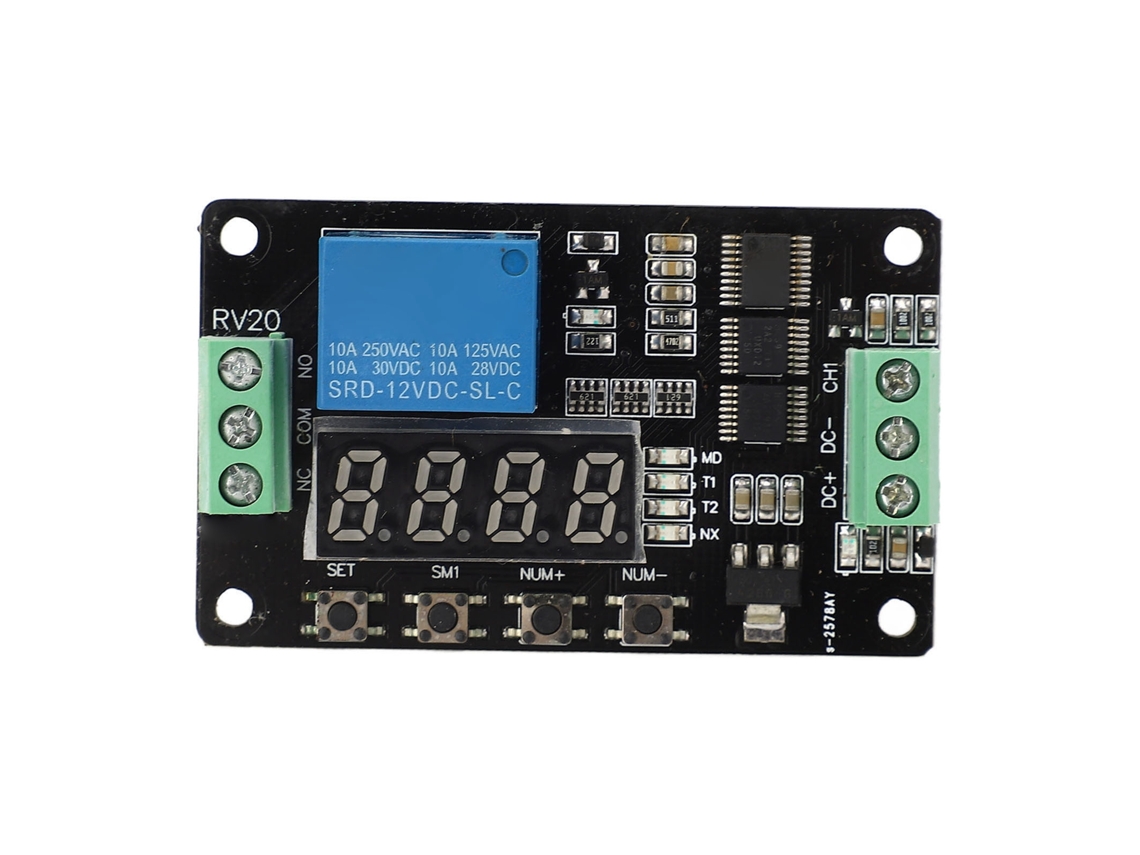 Controlador de relé de retardo de tempo de 1 canal, 12 V CC, com 18 funções predefinidas.