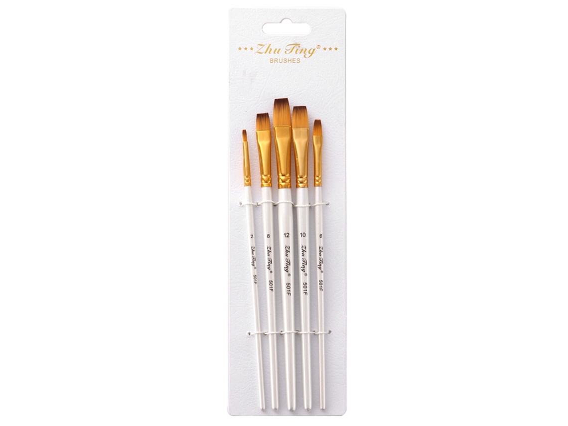 Juego De 5 Pinceles Profesionales Para Acuarela, Acrílico Y Óleo, Punta Plana, Color Blanco.