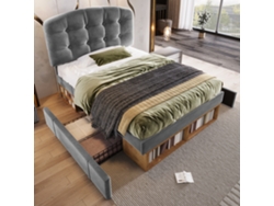 Cama Tapizada De 90x200 Cm, Terciopelo Gris, Somier De Láminas, Cabecero Curvo Regulable, Cajones De Almacenamiento, Colchón No Incluido.