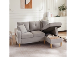 Sofá de 3 plazas en forma de L con chaise longue, espacio de almacenaje, portavasos y 2 cojines incluidos, gris claro, Mobrio