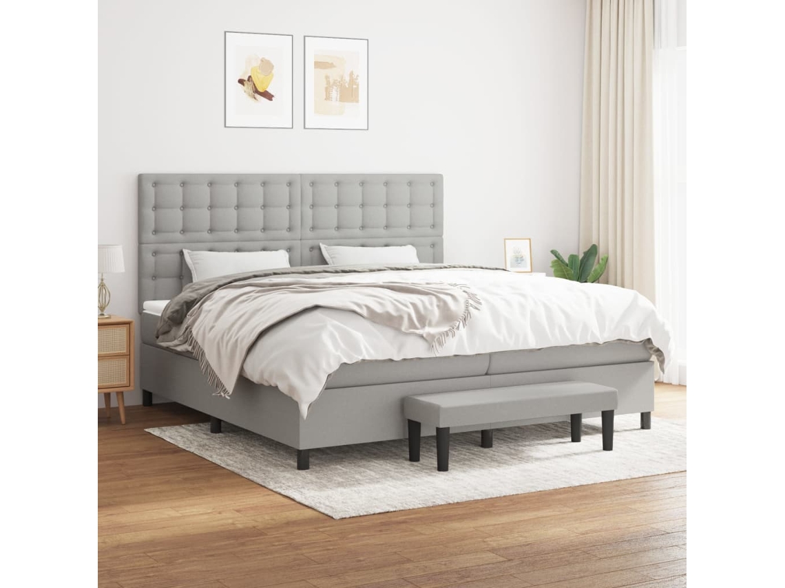 Cama Box Spring Con Colchón Tela Gris Claro 200x200 Cm