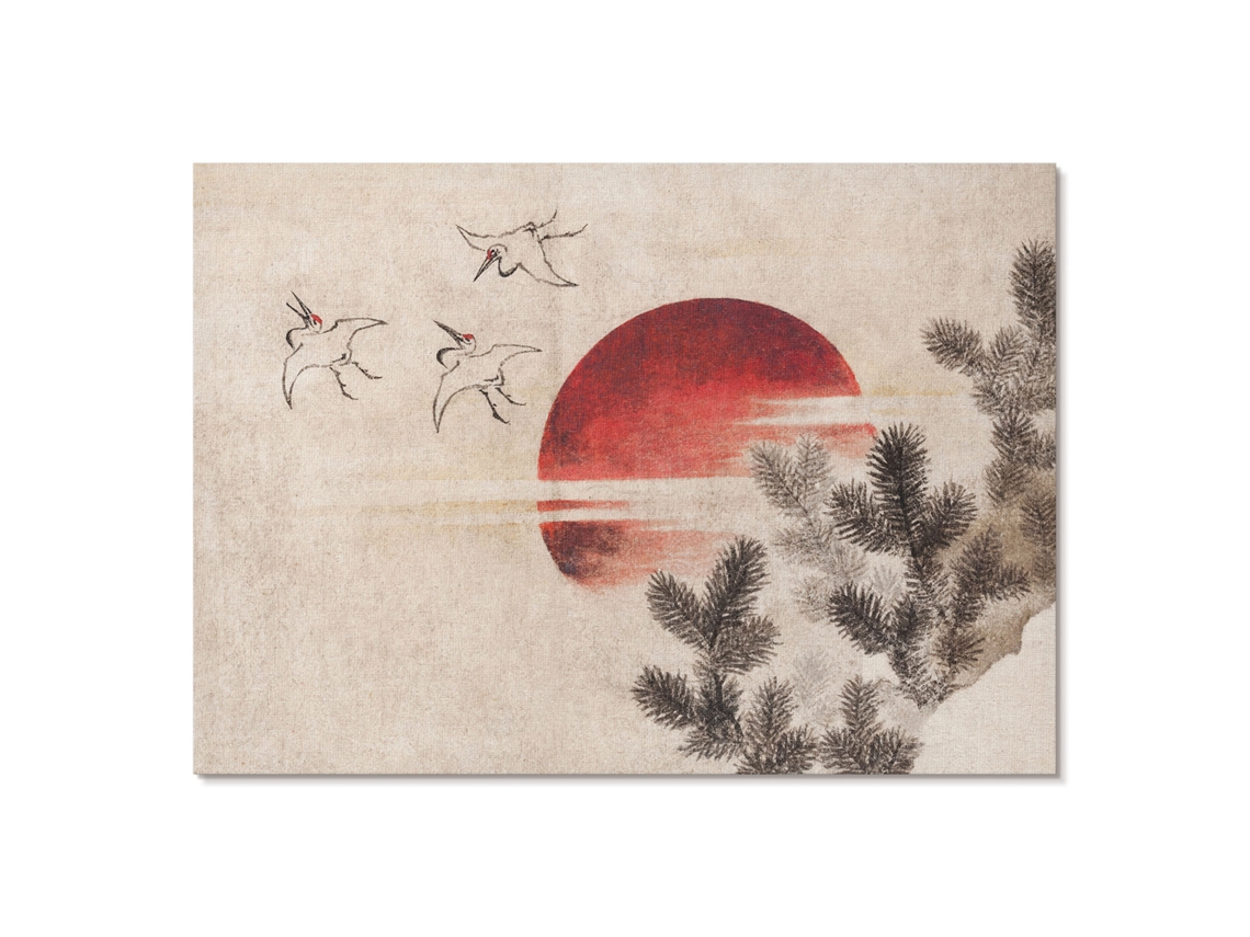 Póster En Lienzo - Pájaros Y Puesta De Sol, 42 X 29,7 Cm A3 - (beige, Pintura, Japonés, Paisajes)