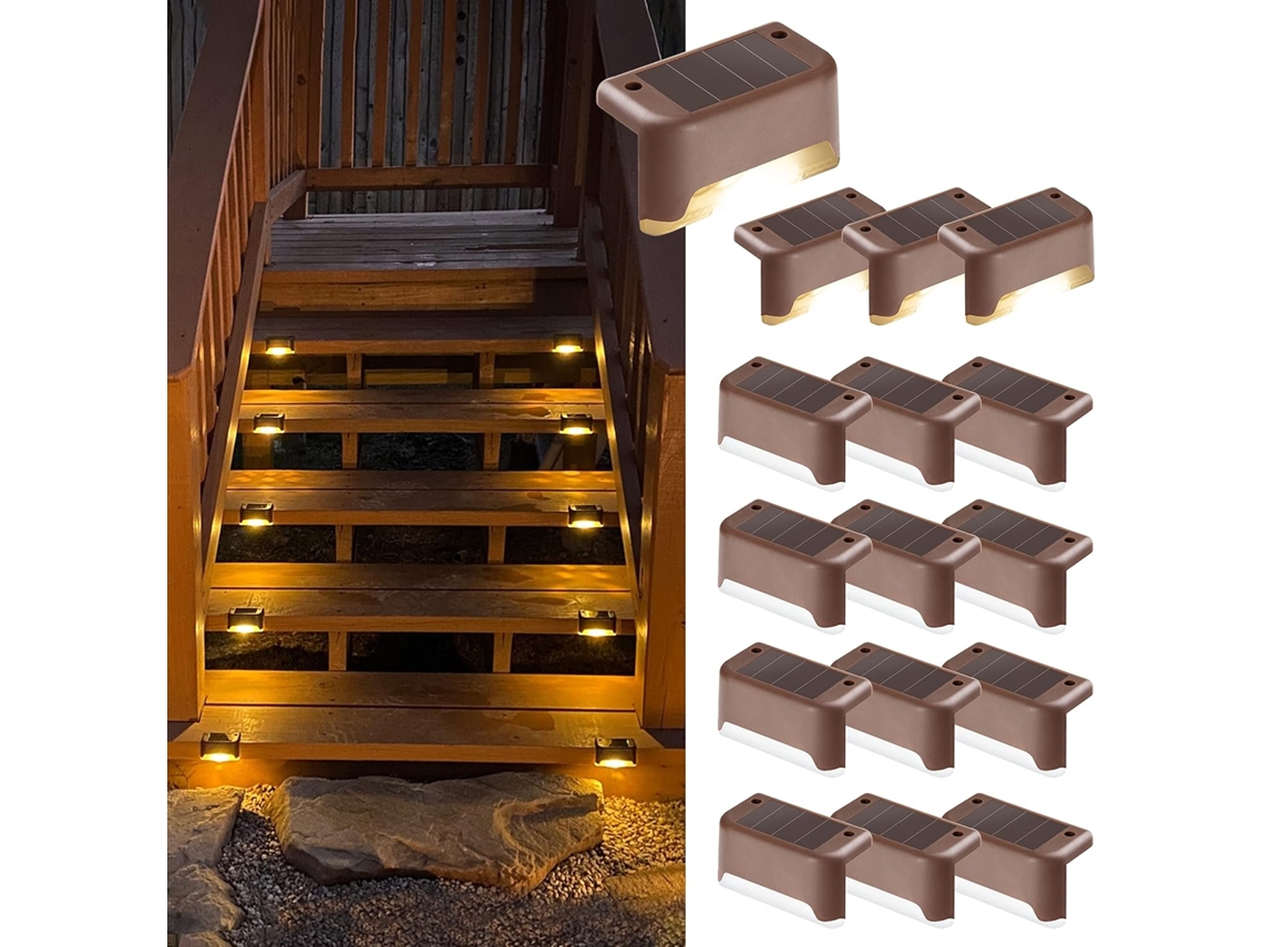 16 luces solares para escaleras, LED impermeables, luz blanca cálida.