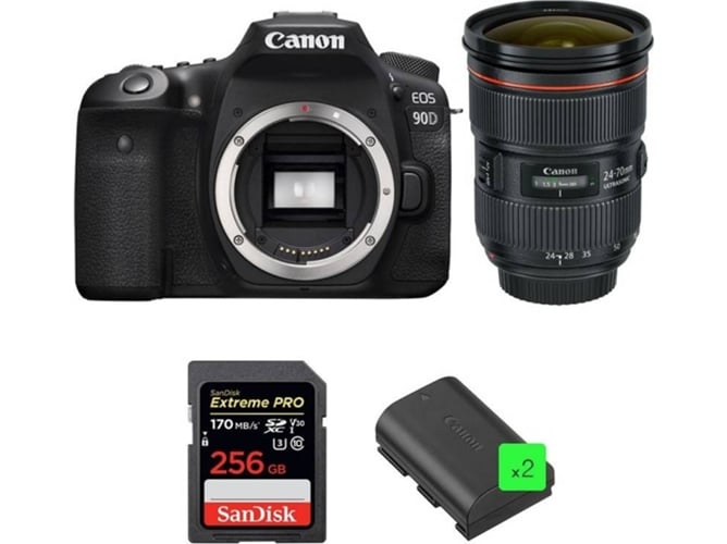 Kit Cámara Réflex CANON EOS 90D + EF 24-70mm f/2.8L II USM + SanDisk 256GB + 2 LP-E6N
