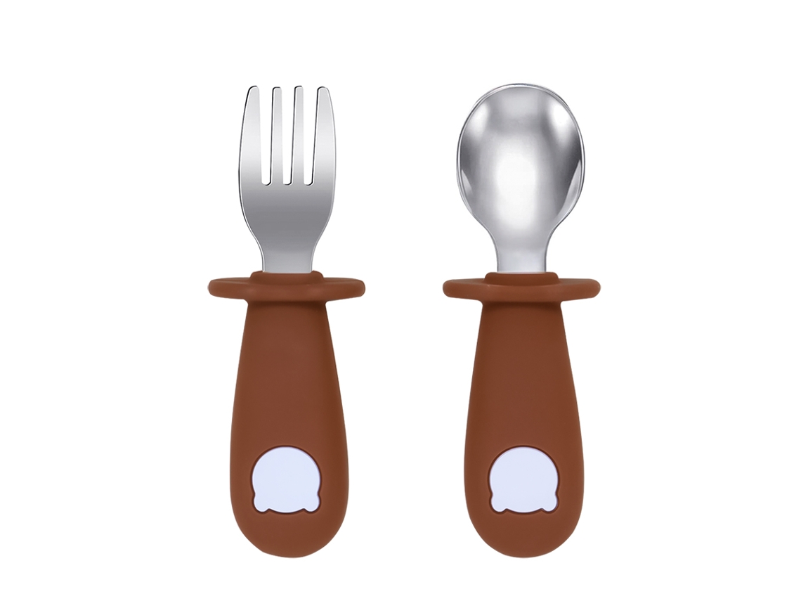 Juego de cubiertos para bebé, incluye cuchara y tenedor de acero inoxidable, sin BPA. MDUG (marrón)